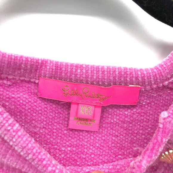 Lilly Pulitzer Pippin Pink Chenille Sweater Pullover Gold Buttons Womens XXS EUC - Picture 7 of 8